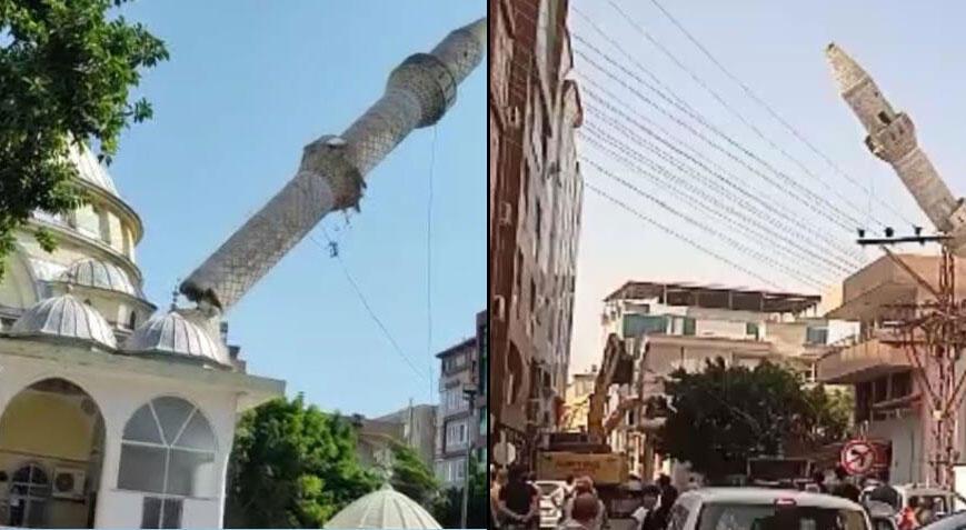 Kontrollü yıkılan minare kamyon ve iş yerlerine zarar verdi